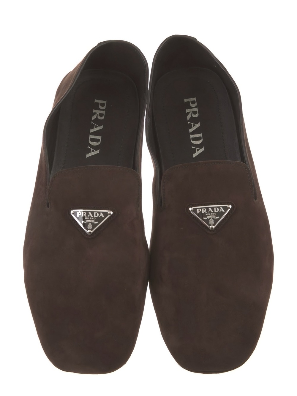 Prada Dark Brown Suede Slip-On Loafers with Metal Logo